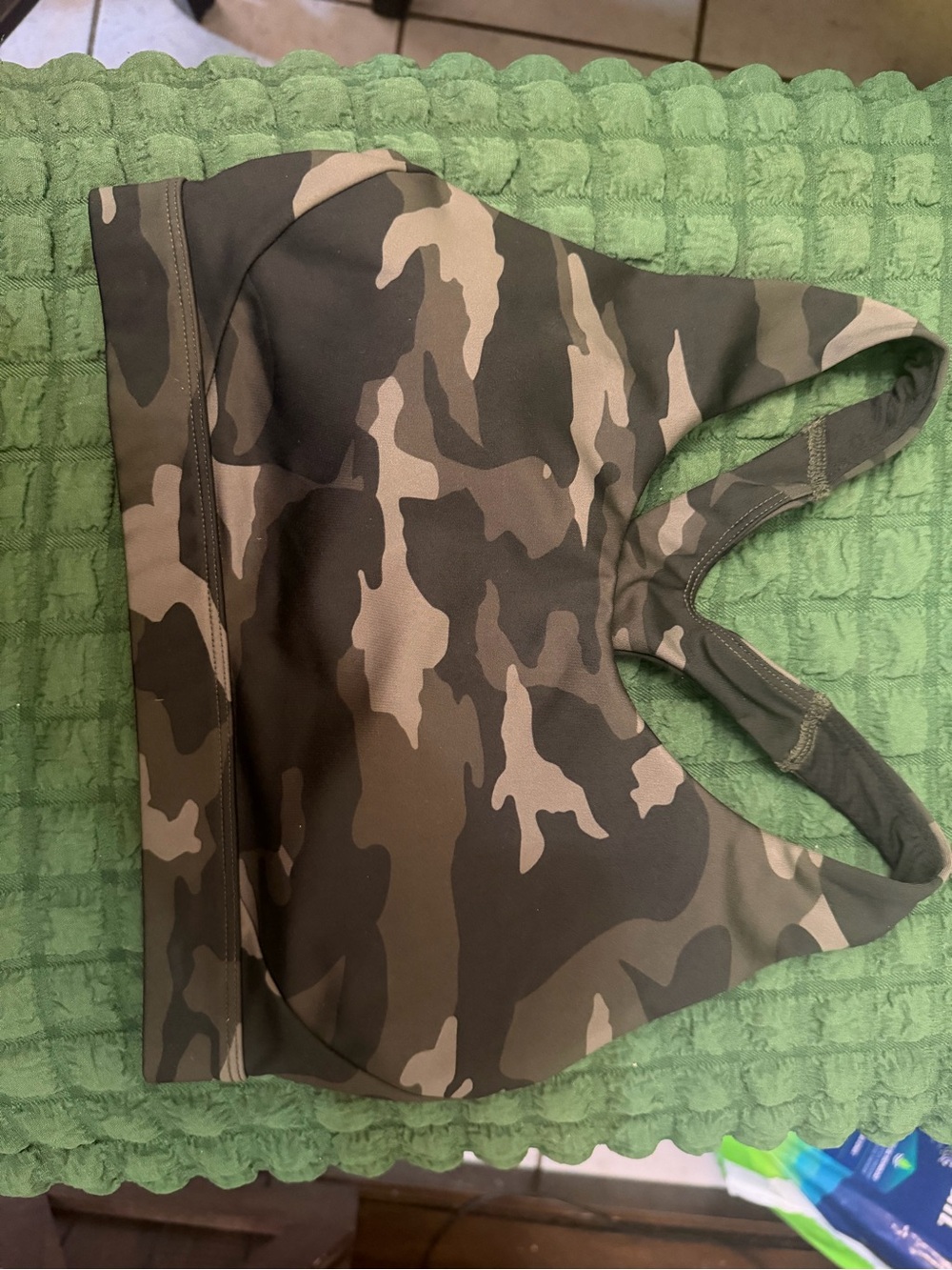 Zenana Outfitters Camouflage Racerback Sports Bra in Olive and Khaki